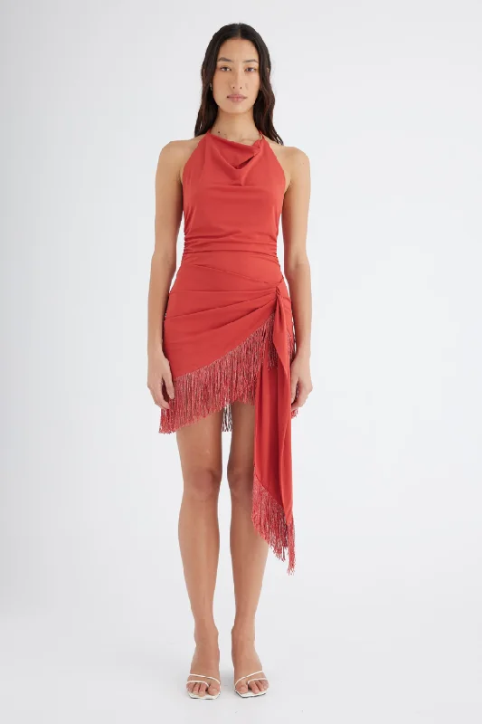 Carolina Fringe Halter Dress Hibiscus