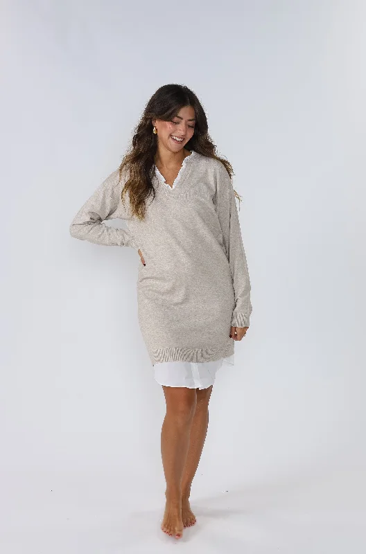 PINCH Dori Oatmeal Knit Woven Combo Long Sleeve Mini Dress