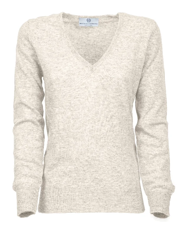 NEW FALL 24 - Women's Pure Cashmere V-Neck Sweater Milk White by Monticelli Cashmere