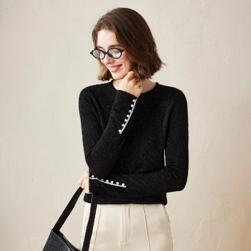 Premium Worsted Cashmere Knit Sweater with Buttoned Cuffs