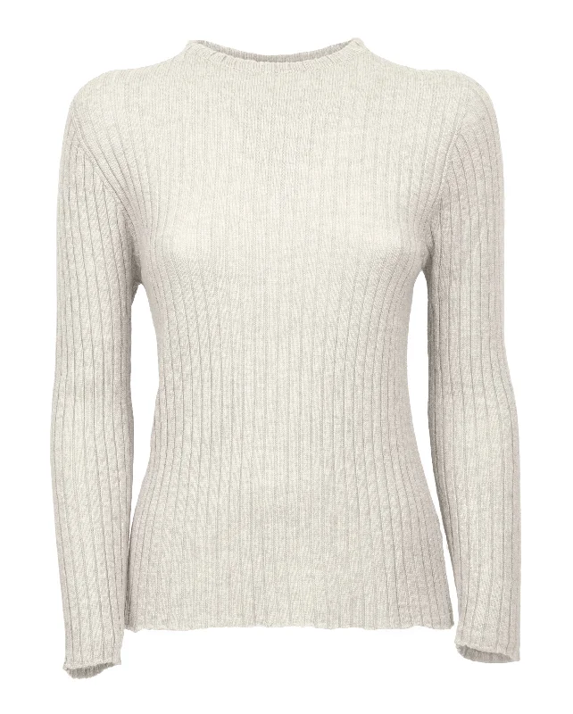 NEW FALL 24 - Women's Cashmere Vertical Rib Crew Neck Sweater Milk White by Monticelli Cashmere