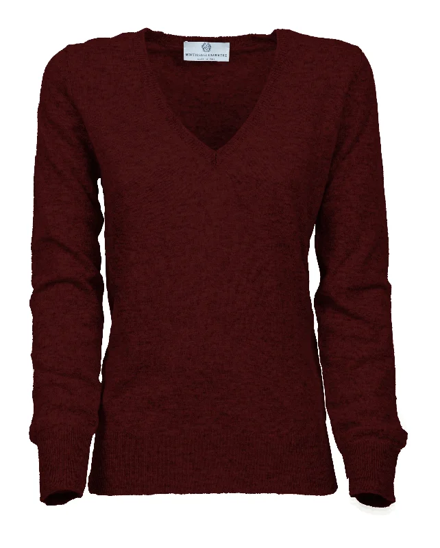 NEW FALL 24 - Women's Pure Cashmere V-Neck Sweater Bordeaux by Monticelli Cashmere