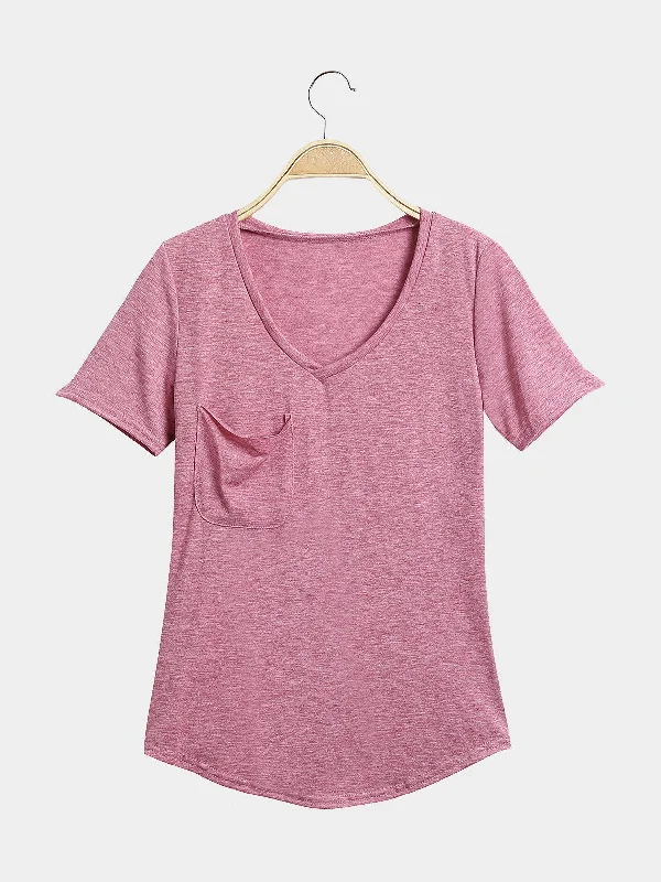 OEM ODM V-Neck Pink Casual Style Front Pocket T-Shirts