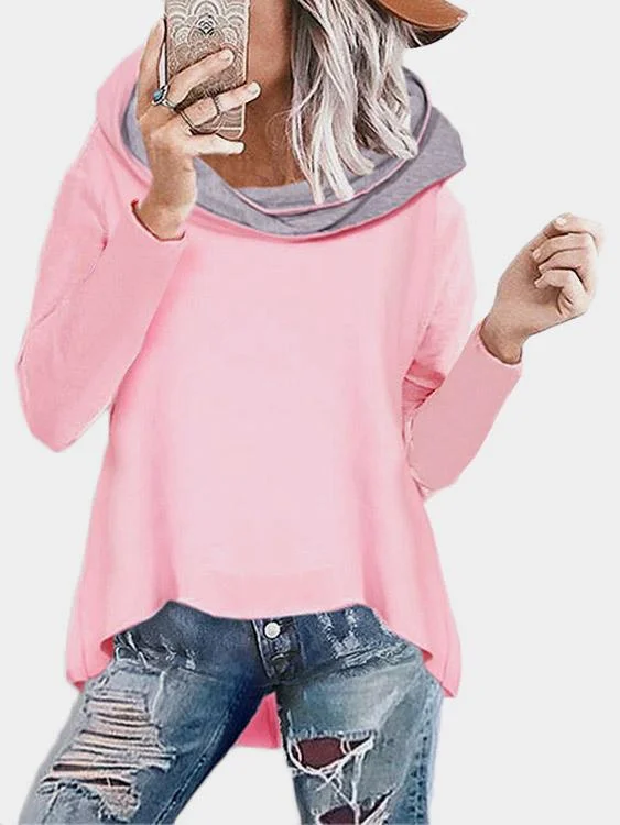 Custom Pullover Hooded Long Sleeve Irregular Hem Pink T-Shirts