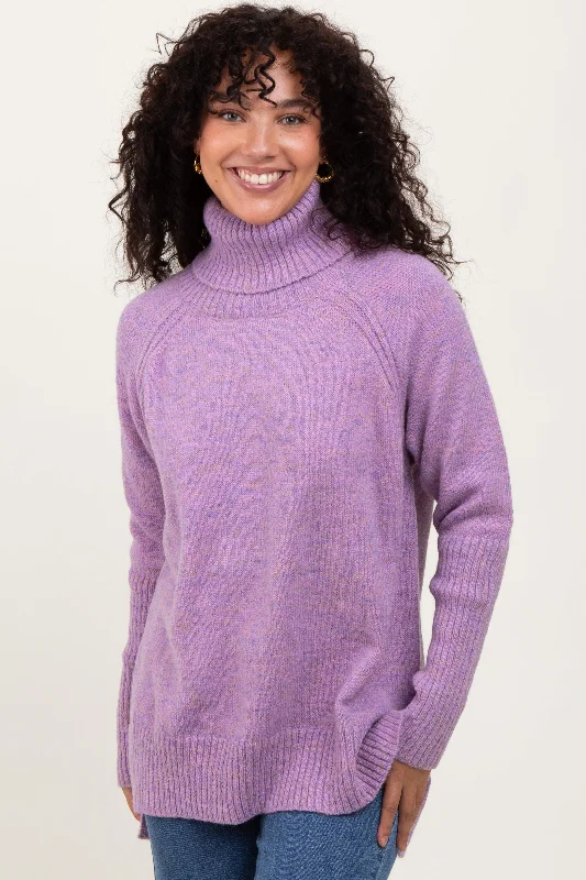 Lavender Contrast Rib Turtle Neck Sweater