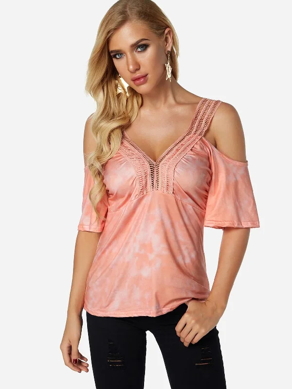 Custom V-Neck Cold Shoulder Plain Lace Hollow Cut Out Pleated Half Sleeve Pink T-Shirts