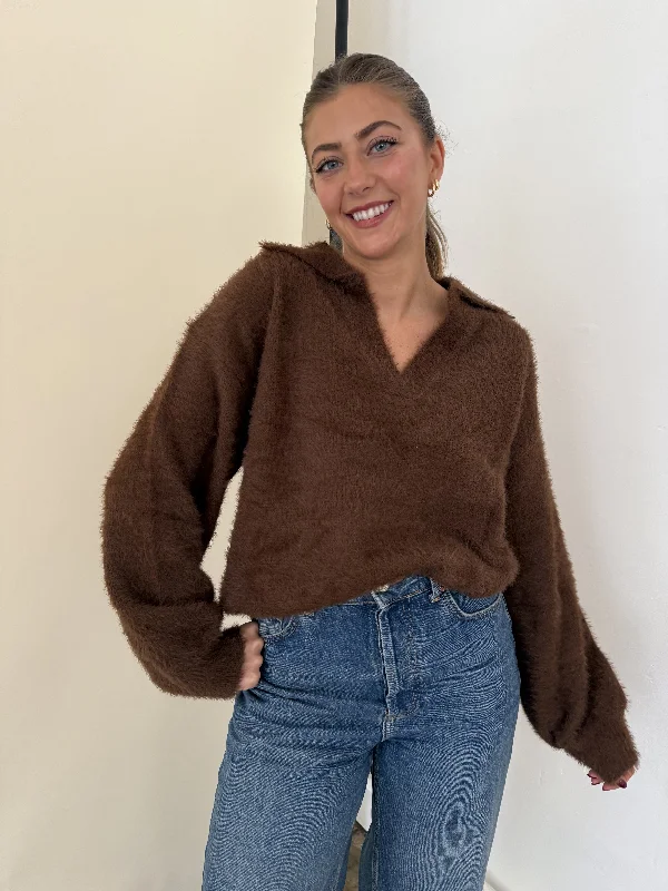 FRNCH Marley Brown Fuzzy Collared V-Neck Sweater